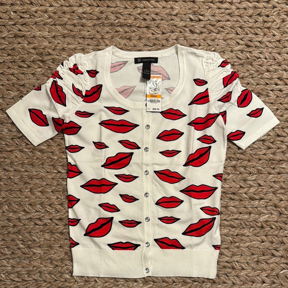 NWT Macy’s International Concepts Inc Lip Print Cardigan Sweater Cardi Small S